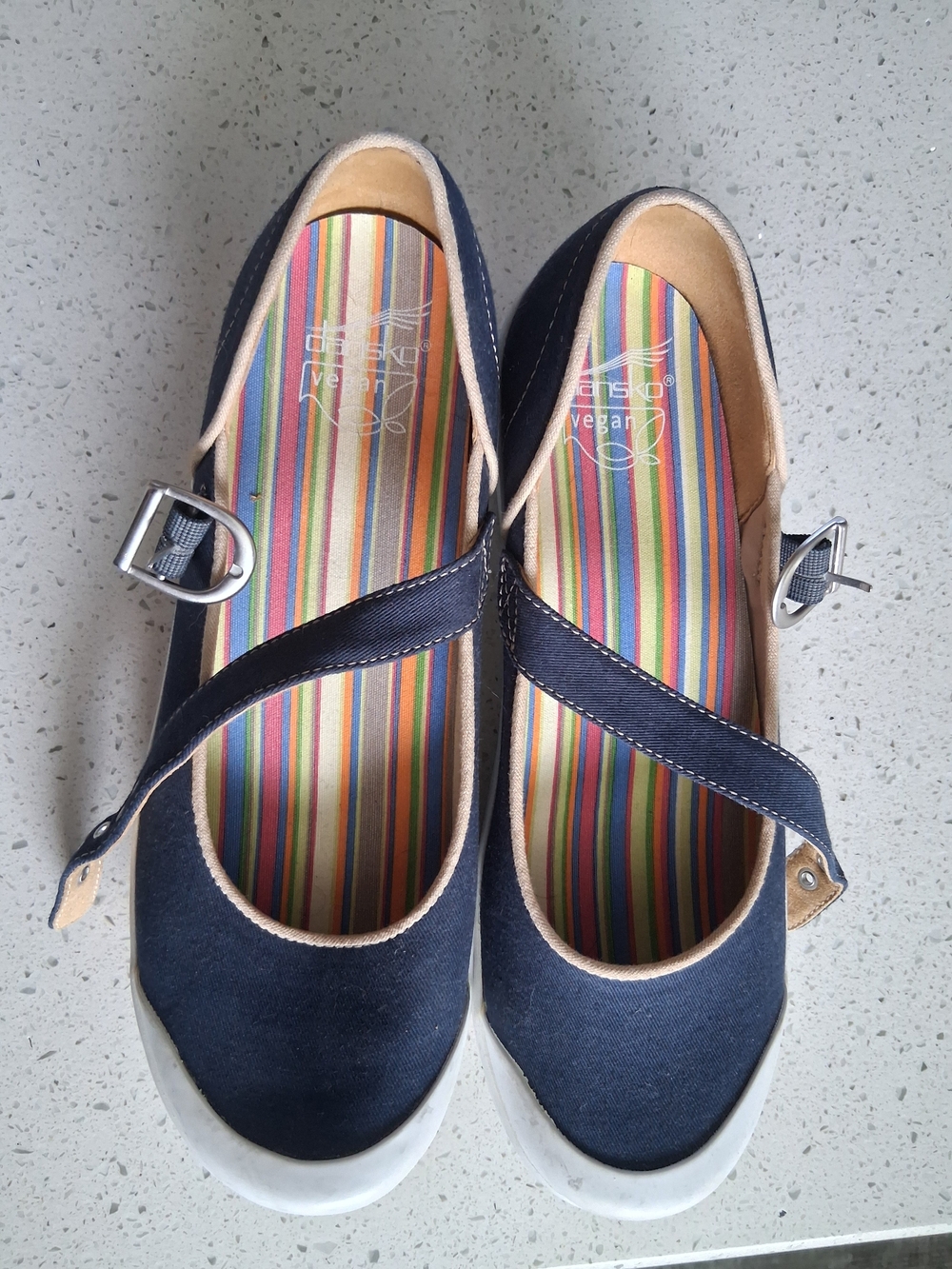 Dansko Navy Canvas Mary Jane Mules with Striped Insole